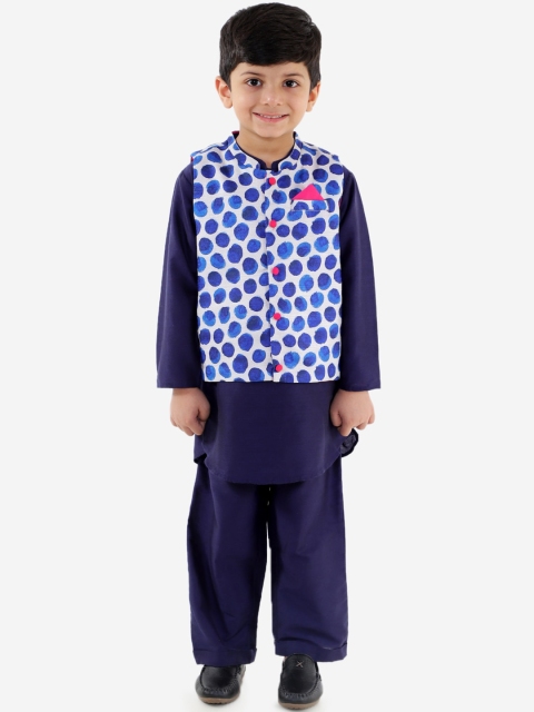 

Lil Peacock Boys Navy Blue Solid Kurta with Salwar & Jacket