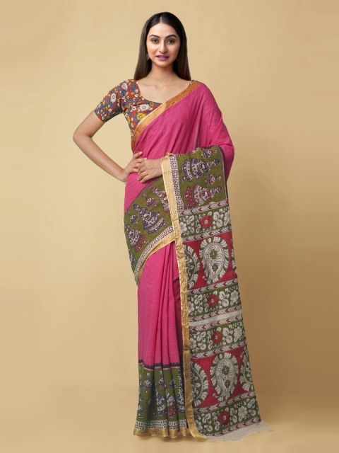 

Unnati Silks Pink Kalamkari Printed Pure Cotton Saree