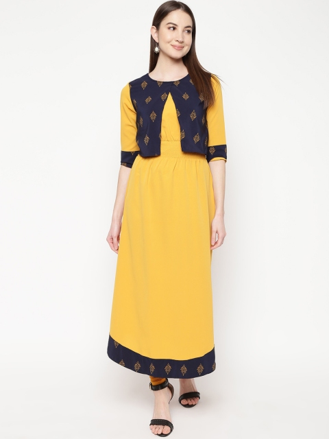 

Napra Women Yellow & Navy Blue Ethnic Motifs Printed Layered Crepe Kurta