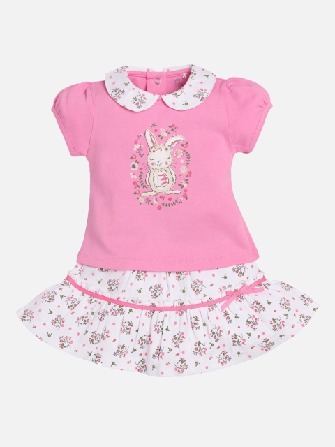 

BABY GO Girls Pink & White Printed Cotton Top with Skirt