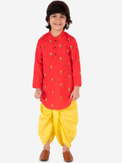 

Lil Peacock Boys Red & Yellow Embroidered Kurta with Dhoti Pants