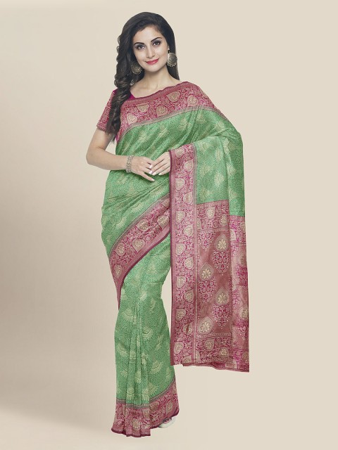 

KLM Fashion Mall Green & Pink Silk Blend Woven Design Banarasi Saree