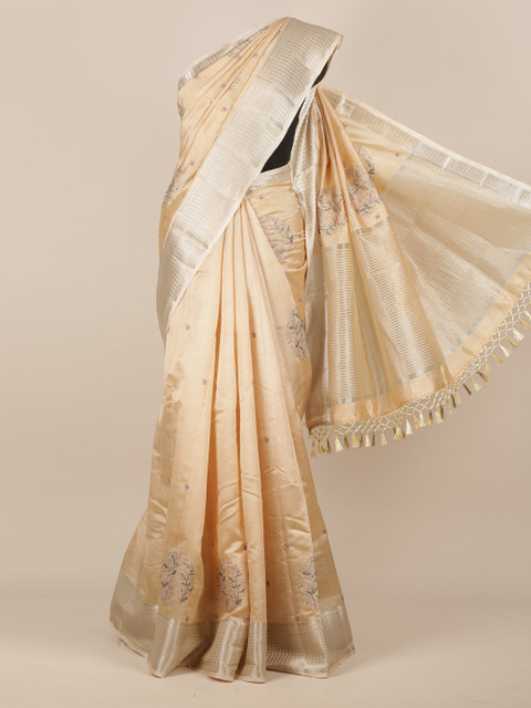 

Pothys Cream-Coloured & Silver-Toned Jute Silk Embroidered Saree