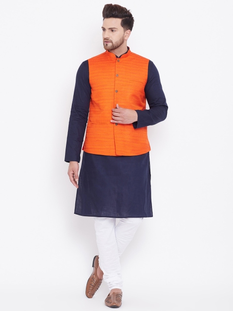 

VASTRAMAY Men Navy Blue & Orange Solid Kurta with Churidar & Nehru Jacket