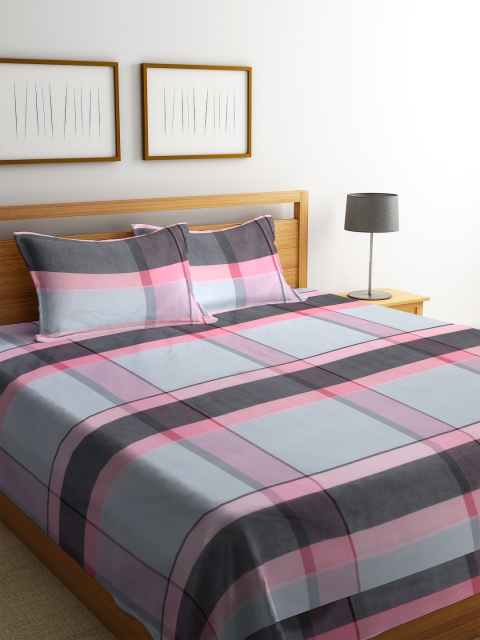 

KLOTTHE Pink & Blue Checked 350-499 TC Double King Bed Cover with Two Pillow Covers
