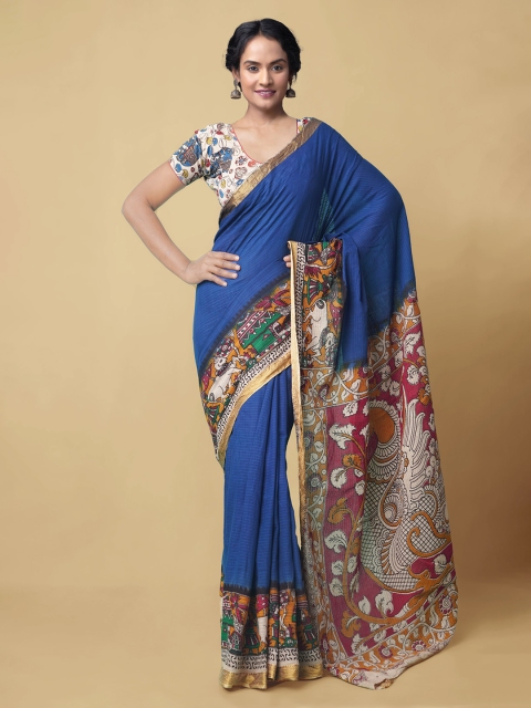 

Unnati Silks Blue & Red Pure Cotton Printed Kanjeevaram Saree
