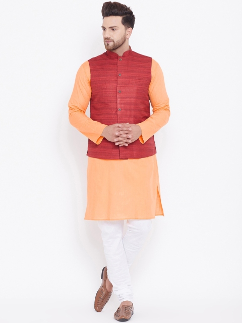 

VASTRAMAY Men Peach & White Solid Kurta with Pyjamas & Nehru Jacket
