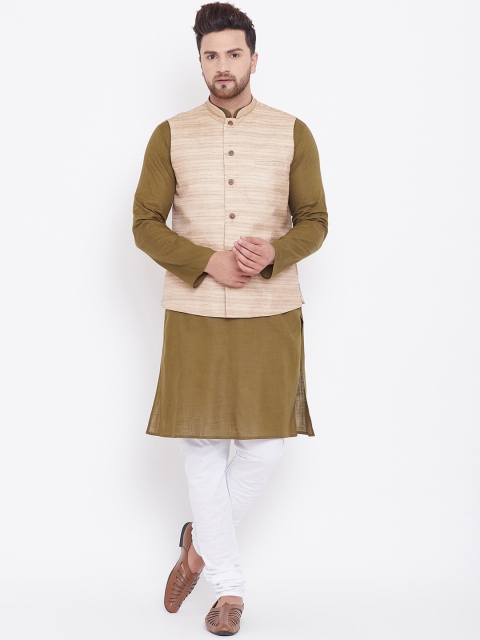 

VASTRAMAY Men Olive Green & White Solid Kurta with Churidar & Nehru Jacket