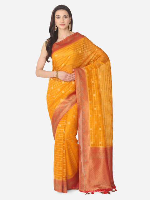 

BOMBAY SELECTIONS Maroon Organza Checked Banarasi Saree