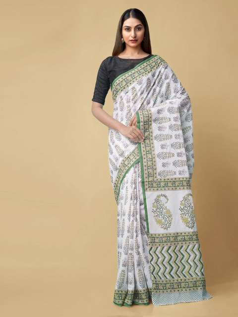 

Unnati Silks Cream-Coloured & Green Pure Cotton Printed Handloom Dabu Saree
