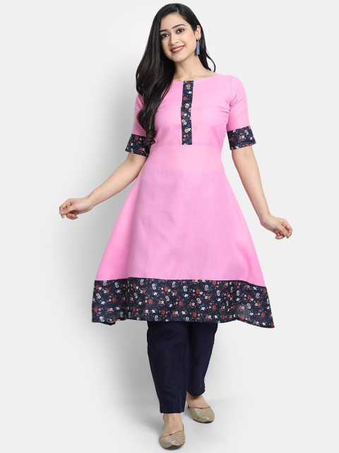

Globon Impex Women Pink & Navy Blue Floral Printed A-Line Cotton Kurta