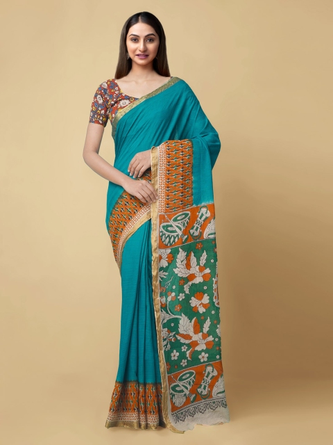 

Unnati Silks Blue & Green Cotton Kalamkari Printed Handloom Kanjeevaram Saree