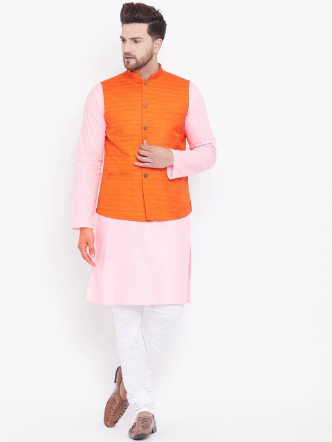 

VASTRAMAY Men Pink & Orange Solid Kurta with Churidar & Nehru Jacket