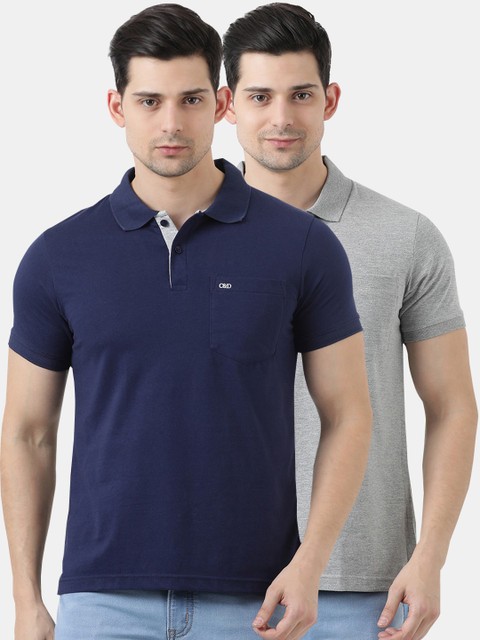 

Cloak & Decker Men Navy Blue & Grey Set of 2 Solid Polo Collar T-shirt