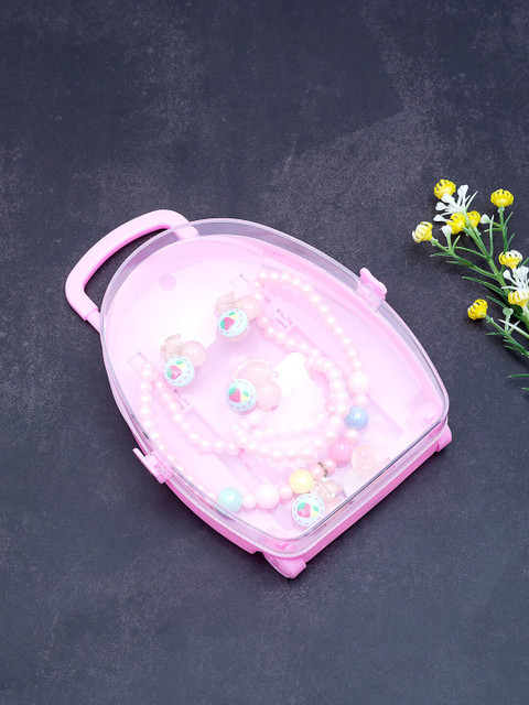 

Golden Peacock Girls Pink & Blue Pearl Beaded Handcrafted Jewellery Set With Trolley