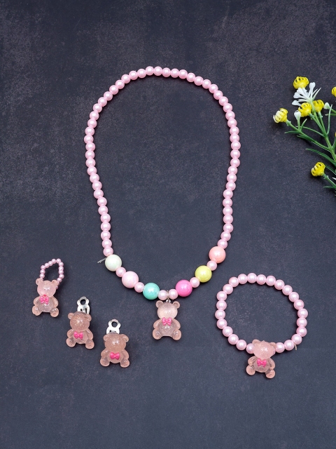 

Golden Peacock Girls Pink & Blue Pearl-Beaded Stretchable Handcrafted Jewellery Set