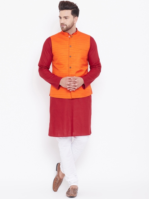 

VASTRAMAY Men Maroon & White Solid Kurta with Churidar & Jacket