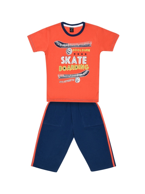 

Todd N Teen Boys Orange & Navy Blue Printed T-shirt with Capris