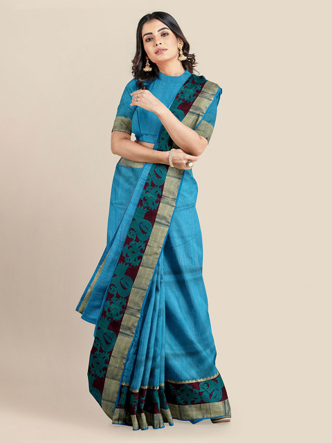 

KLM Fashion Mall Blue Silk Blend Solid Banarasi Saree