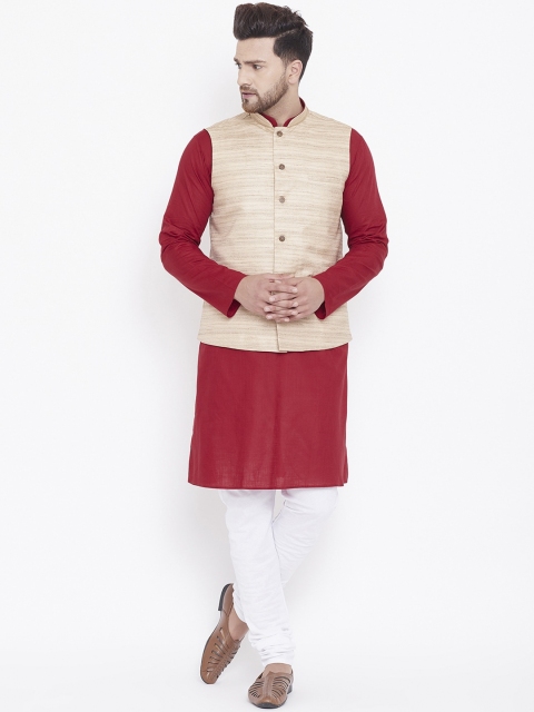 

VASTRAMAY Men Maroon & White Solid Kurta with Churidar & Jacket