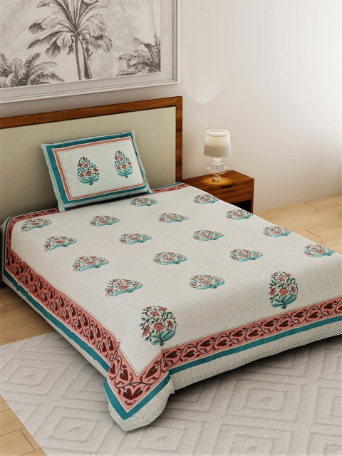 

Salona Bichona White & Peach Jaipuri Printed 120 TC Cotton Single Bedsheet 1 Pillow Cover