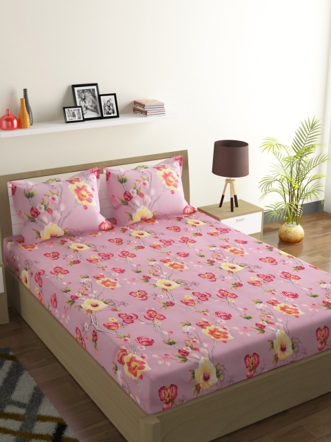 

ROMEE Pink & Yellow Floral 144 TC Cotton 1 Queen Bedsheet with 2 Pillow Covers