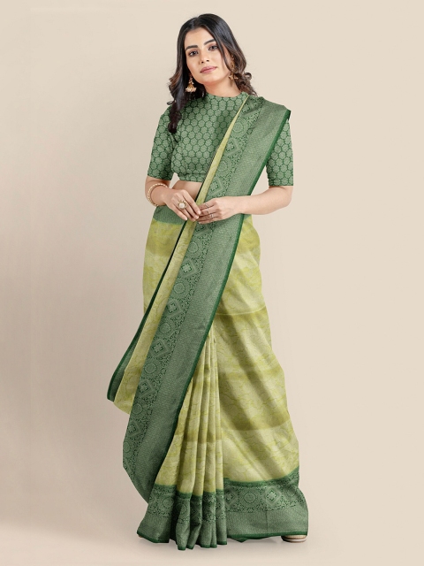 

KLM Fashion Mall Green & Yellow Silk Blend Printed Banarasi Saree