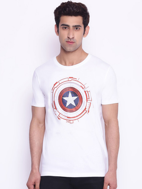 

Marvel Avengers Men White & Red Captain America Printed Round Neck T-shirt