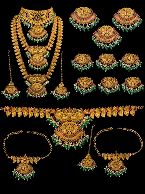 

Alankruthi Gold-Plated Pink & Green Stone-Studded & Beaded Temple Bridal Jewellery Set