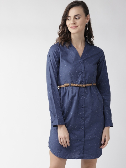 

QUIERO Women Blue Solid Cotton Shirt Dress