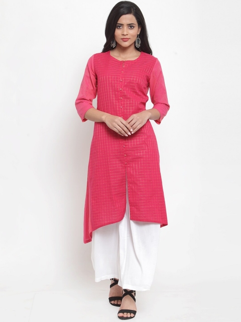 

Kiaasa Women Pink & Gold-Coloured Checked Asymmetric Hem A-Line Cotton Kurta
