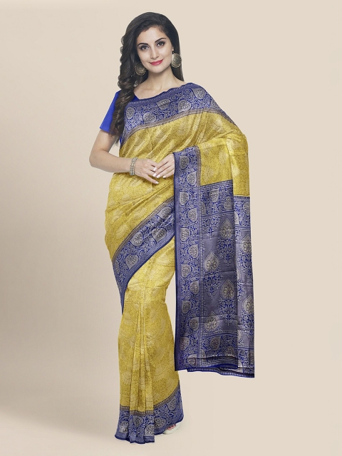 

KLM Fashion Mall Yellow & Navy Blue Silk Blend Woven Design Banarasi Saree