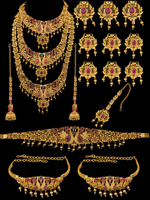 

Alankruthi Gold-Plated Pink & Green Stone-Studded Beaded Temple Bridal Jewellery Set