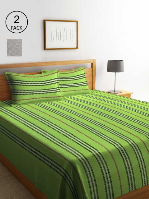

KLOTTHE Set Of 2 Woven Design Double King Bed Covers With 4 Pillow Covers, Green