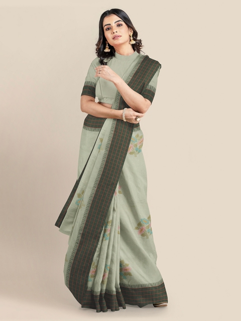 

KLM Fashion Mall Green Cotton Blend Checked Banarasi Saree