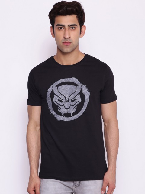 

Marvel Avengers Men Black & Grey Black Panther Printed Round Neck T-shirt