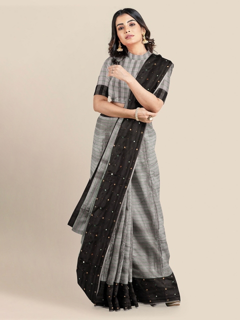 

KLM Fashion Mall Grey & Black Silk Blend Striped Banarasi Saree