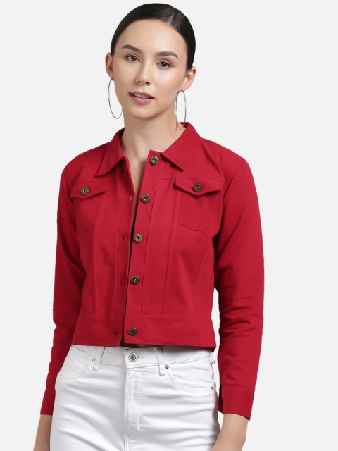 

FurryFlair Women Red Solid Denim Jacket
