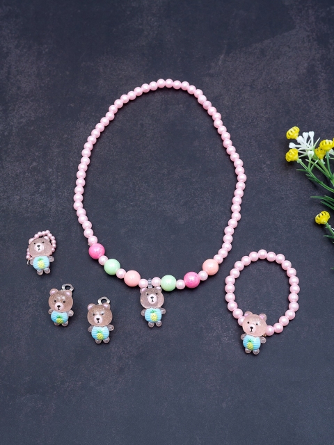 

Golden Peacock Girls Pink & Blue Beaded Stretchable Handcrafted Jewellery Set