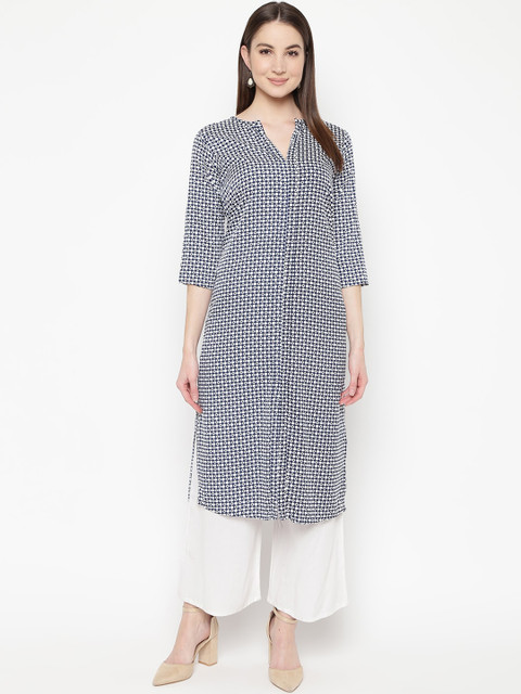 

Napra Women Navy Blue & White Geometric Printed Mandarin Collar Crepe Kurta