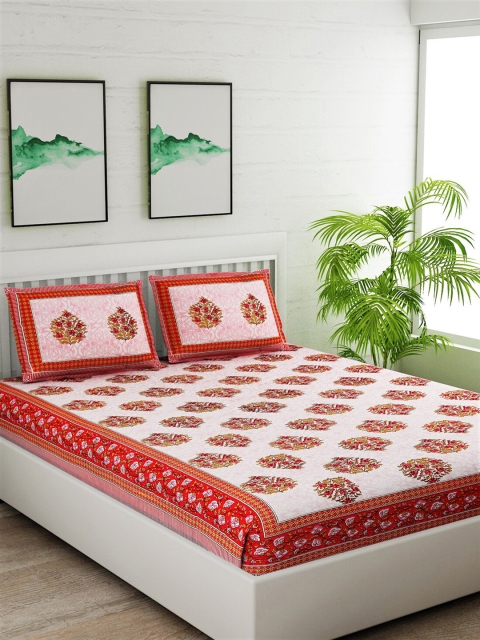 

Salona Bichona White & Red Jaipuri Printed 120 TC Cotton 1 Queen Bedsheet 2 Pillow Covers