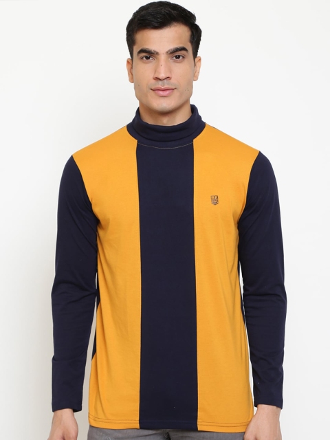 

GHPC Men Navy Blue & Yellow Colourblocked High Neck T-shirt
