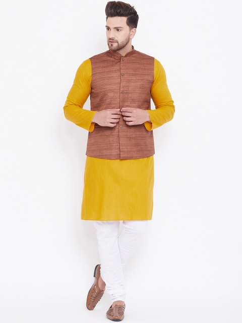 

VASTRAMAY Men Mustard & White Solid Kurta with Churidar & Nehru Jacket