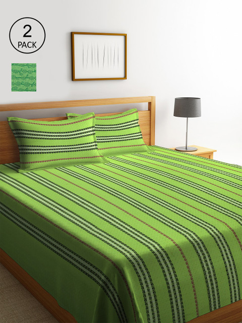 

KLOTTHE Green Set Of 2 Woven-Design Double King Bed Covers With 4 Pillow Covers