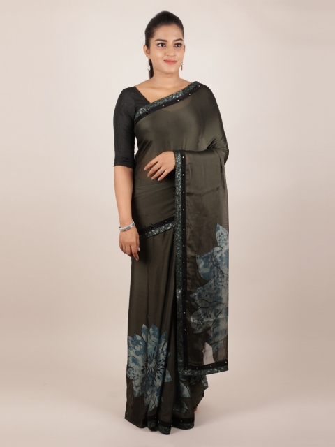 

Pothys Olive Green Printed Poly Georgette Saree