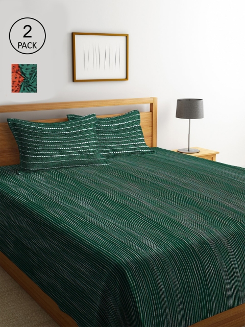 

KLOTTHE Set of 2 Green & Orange Woven-Design Double Bed Cover with 4 Pillow Covers