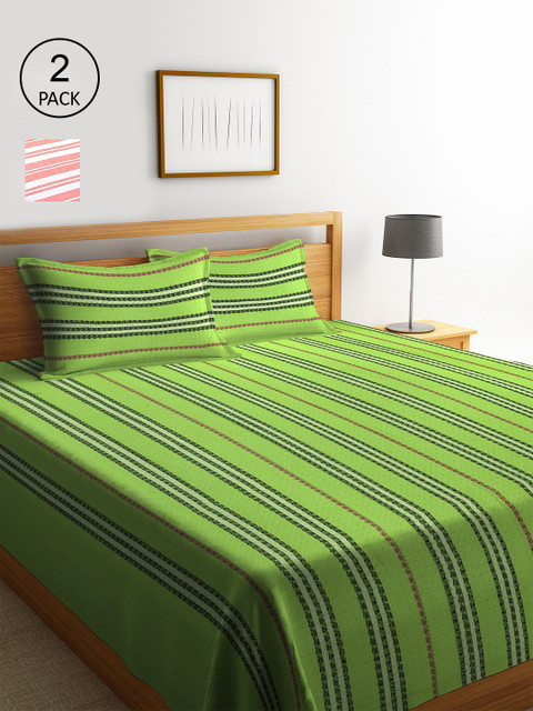 

KLOTTHE Set Of 2 Woven Design Double King Bed Covers With 4 Pillow Covers, Green