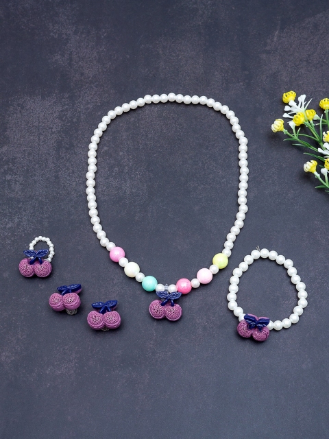 

Golden Peacock Girls White & Purple Pearl Beaded Handcrafted Jewellery Set With Trolley Bag