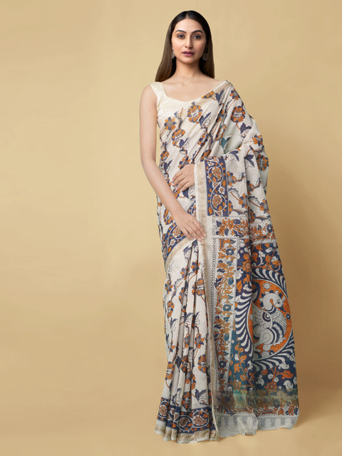 

Unnati Silks Cream-Coloured & Orange Silk Cotton Kalamkari Printed Handloom Chanderi Saree