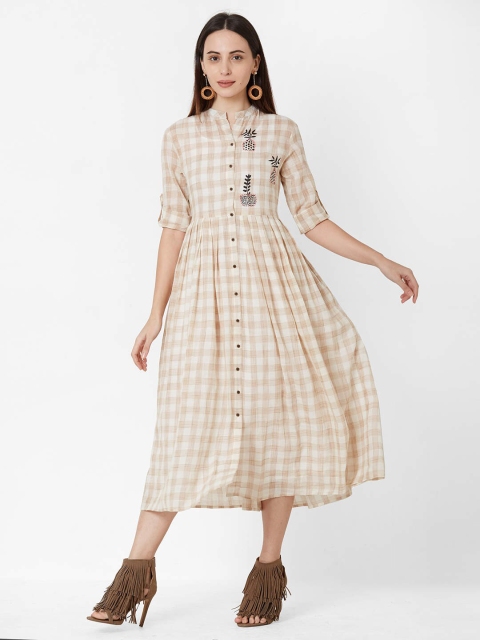 

ZOLA Women Beige & White Checked Fit and Flare Dress
